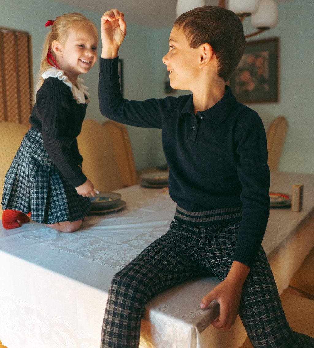 Knit Sweater - Navy; Adee boys dressy top in navy knit worn by two kids.