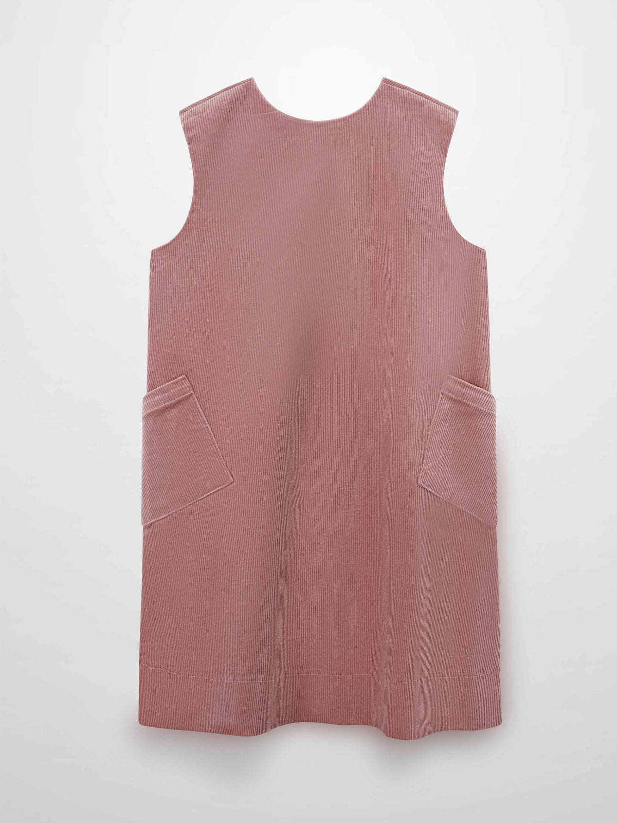 Mauve corduroy jumper dress with front pockets and a slightly flared A-line silhouette.