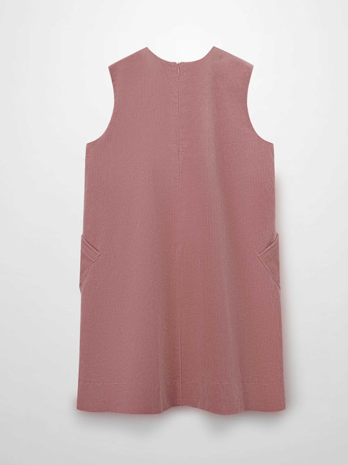 Mauve corduroy jumper with back zipper, A-line silhouette, and side pockets.