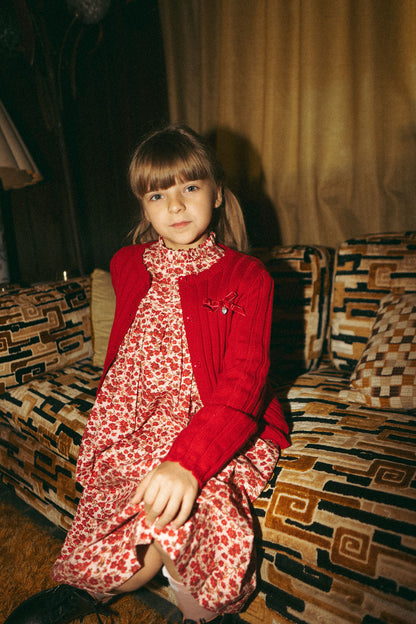 Knit Cardigan - Red; Adee brand, dressy girls top worn over a floral dress.