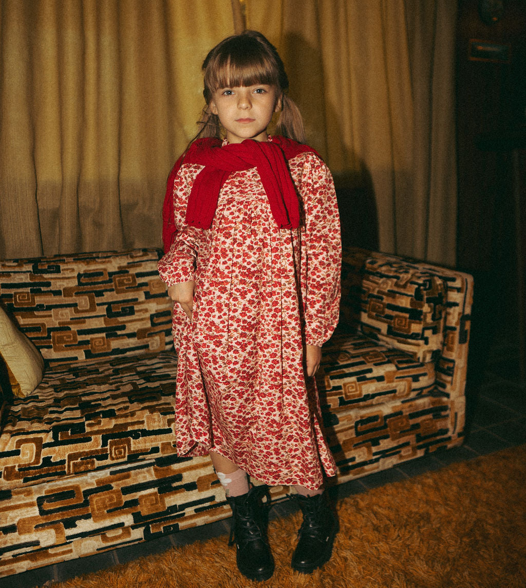 Red Flower Dress for girls by Adee, dressy floral long-sleeve dress with red scarf
