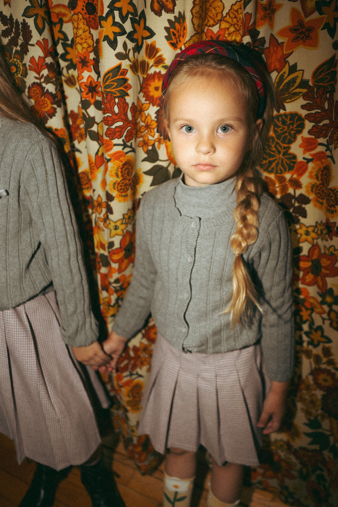 Knit Cardigan by Adee, grey knit; two cardigans worn by children