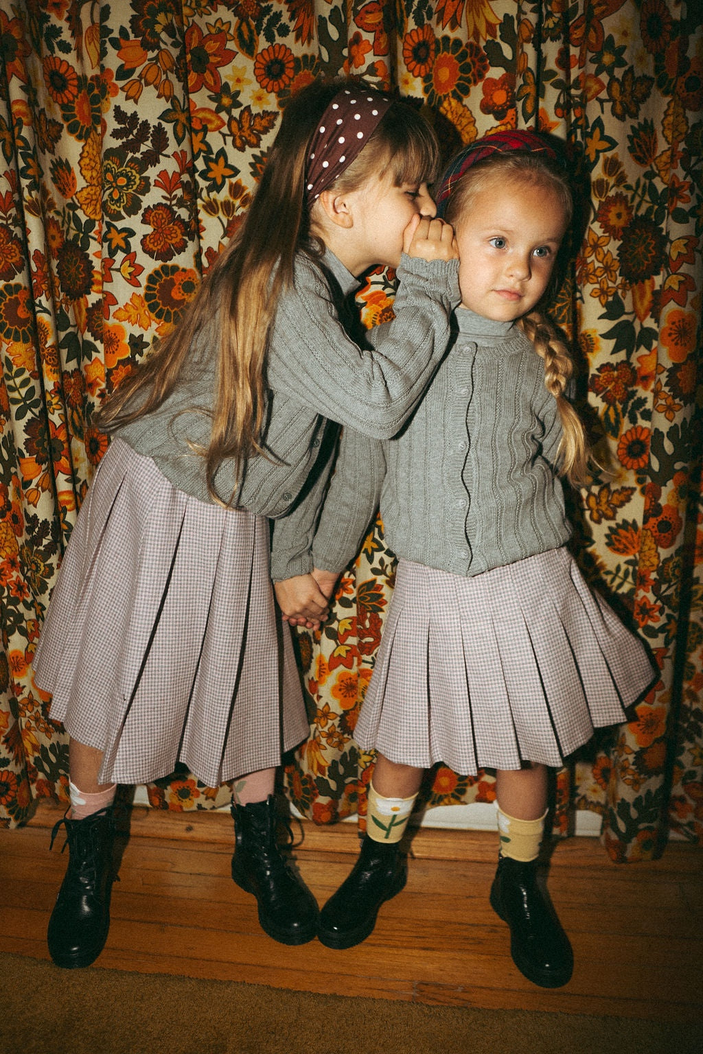 Gingham Pleated Skirt - Grey, girls dressy apparel; two girls wearing matching outfits