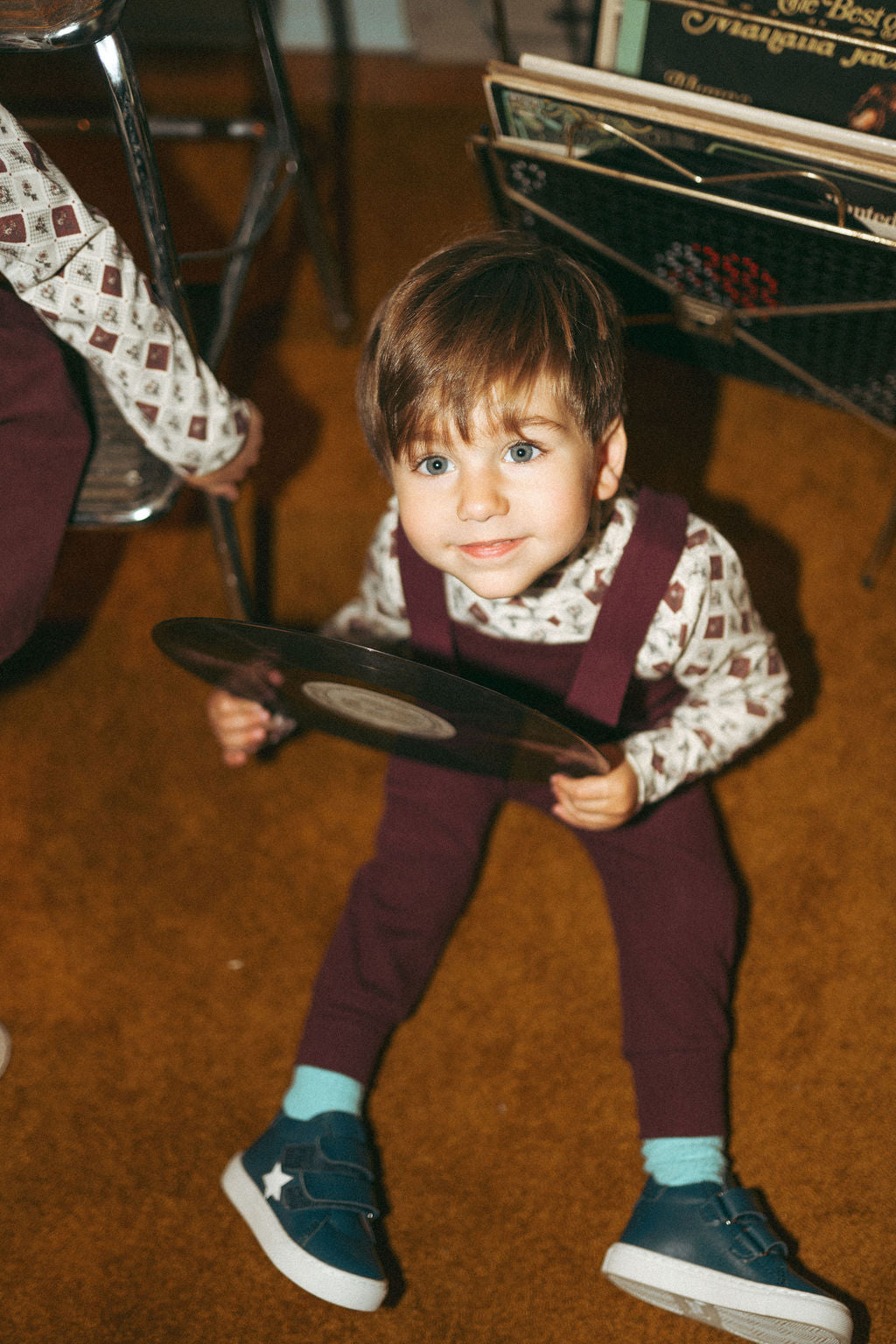 Non Ribbed Burgundy Overalls by Adee; unisex toddler apparel.