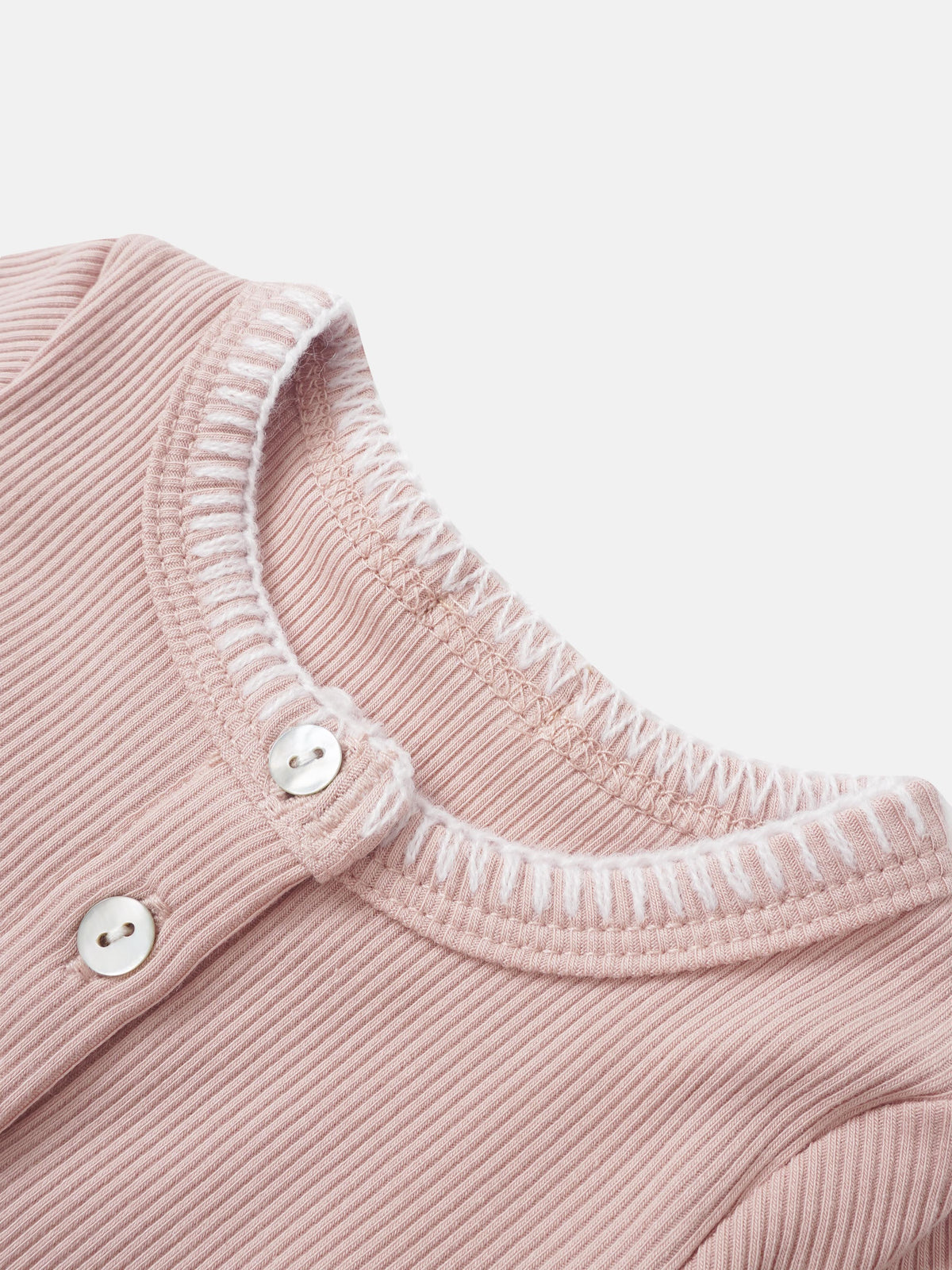 Legacy Stitch Cardigan by Adee in light pink ribbed knit with white buttons