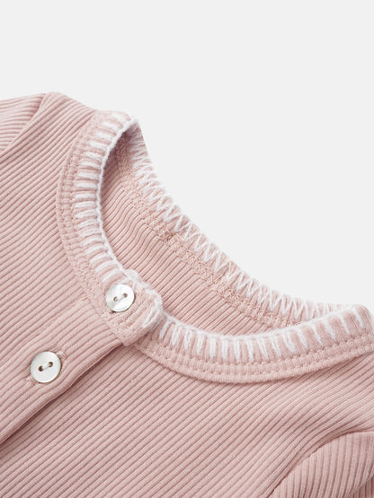 Legacy Stitch Cardigan by Adee in light pink ribbed knit with white buttons