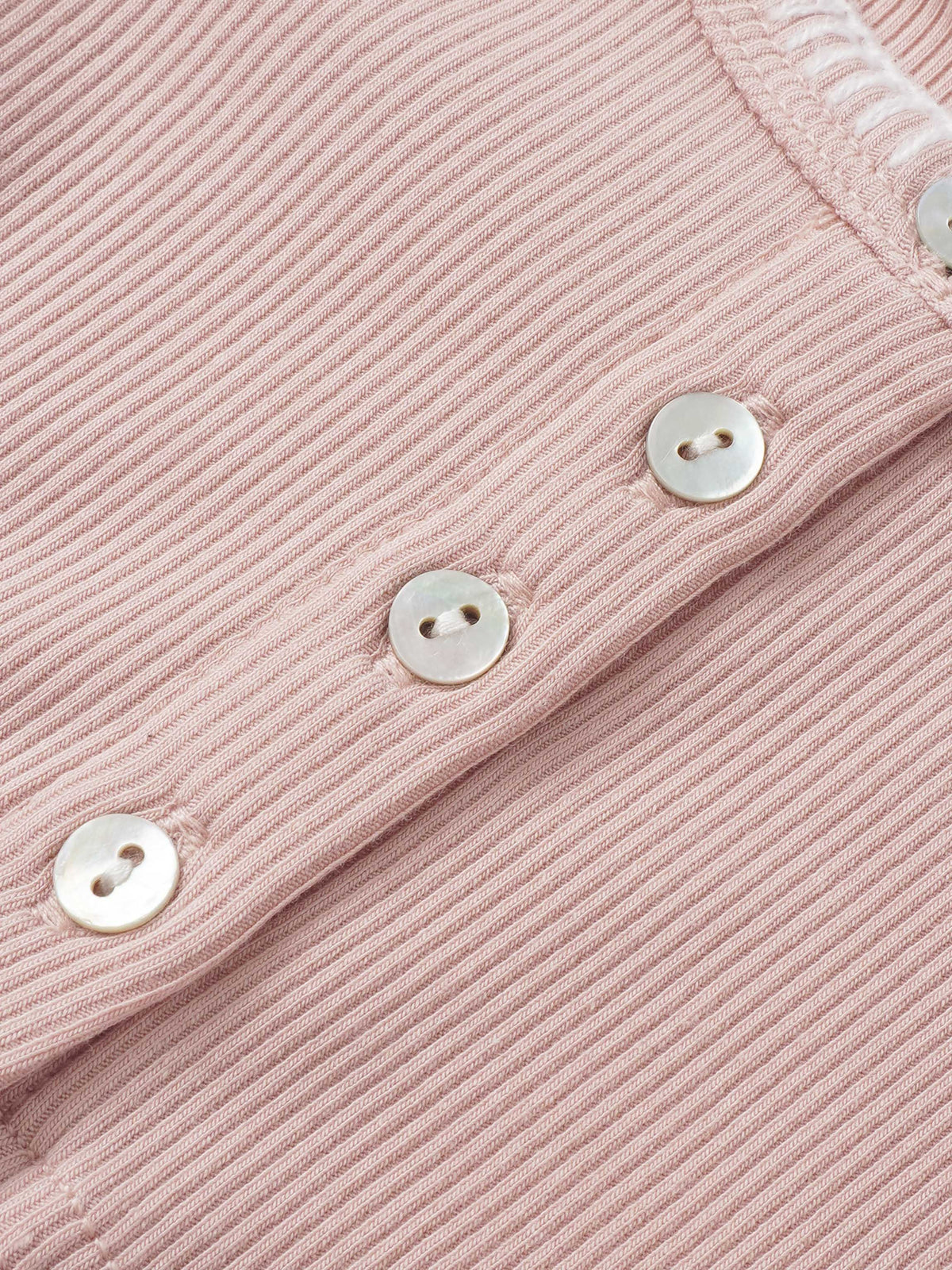 Legacy Stitch Cardigan - Light Pink, ribbed knit fabric with white buttons.