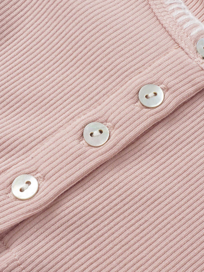 Legacy Stitch Cardigan - Light Pink, ribbed knit fabric with white buttons.