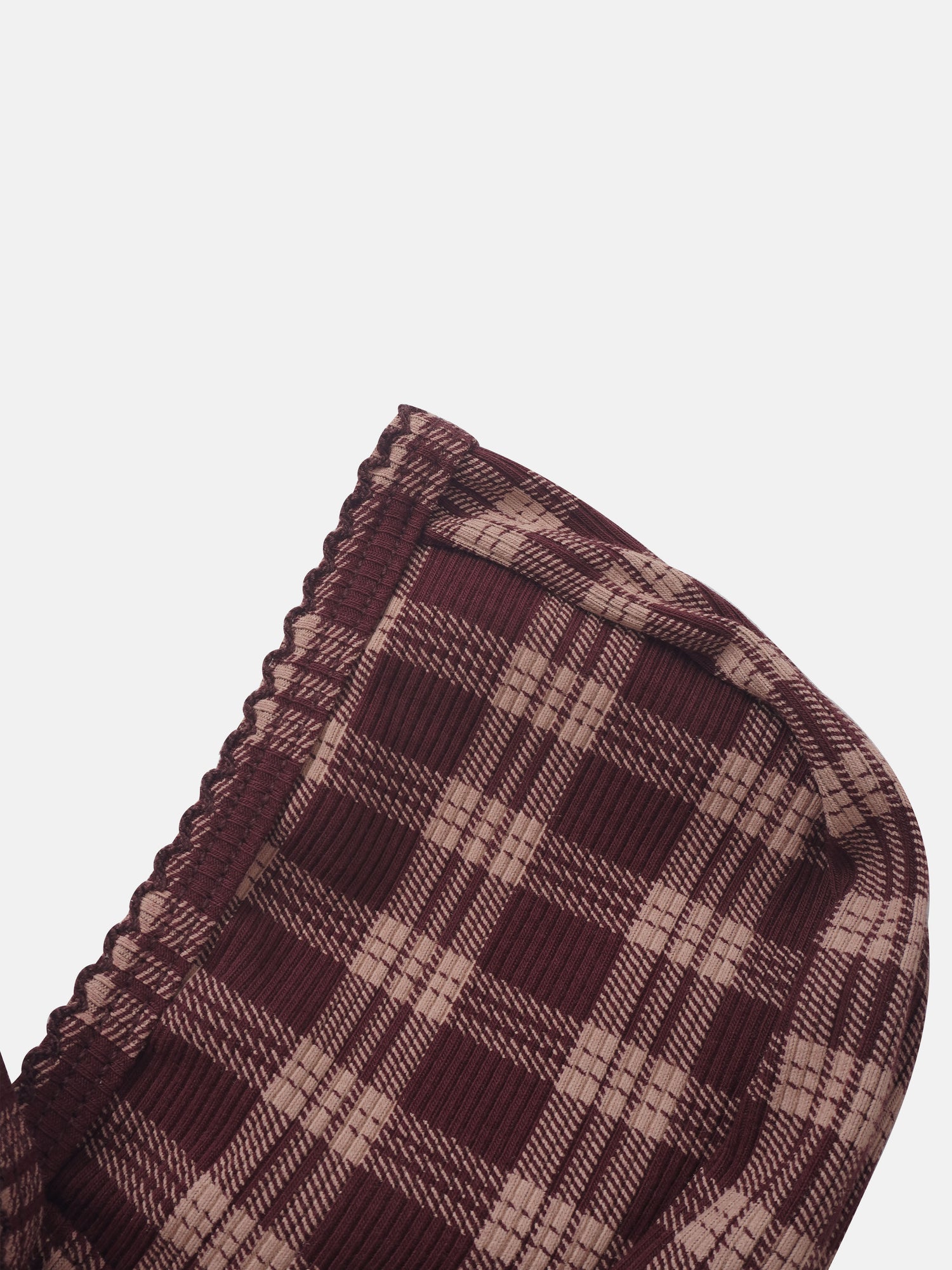 Adee Burgundy Plaid Layette Set; burgundy plaid fabric with beige accents and a ruffled edge
