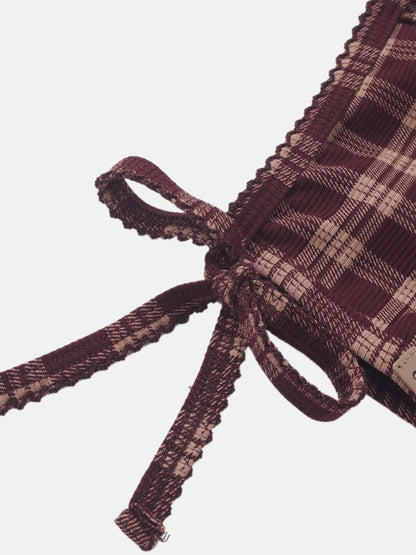 Girls burgundy plaid bonnet with knitted ties