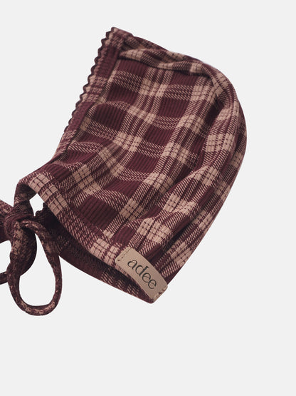 Layette set for girls by Adee in burgundy plaid with drawstring ties