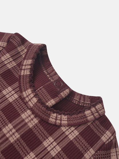 Burgundy plaid girls layette set fabric close-up