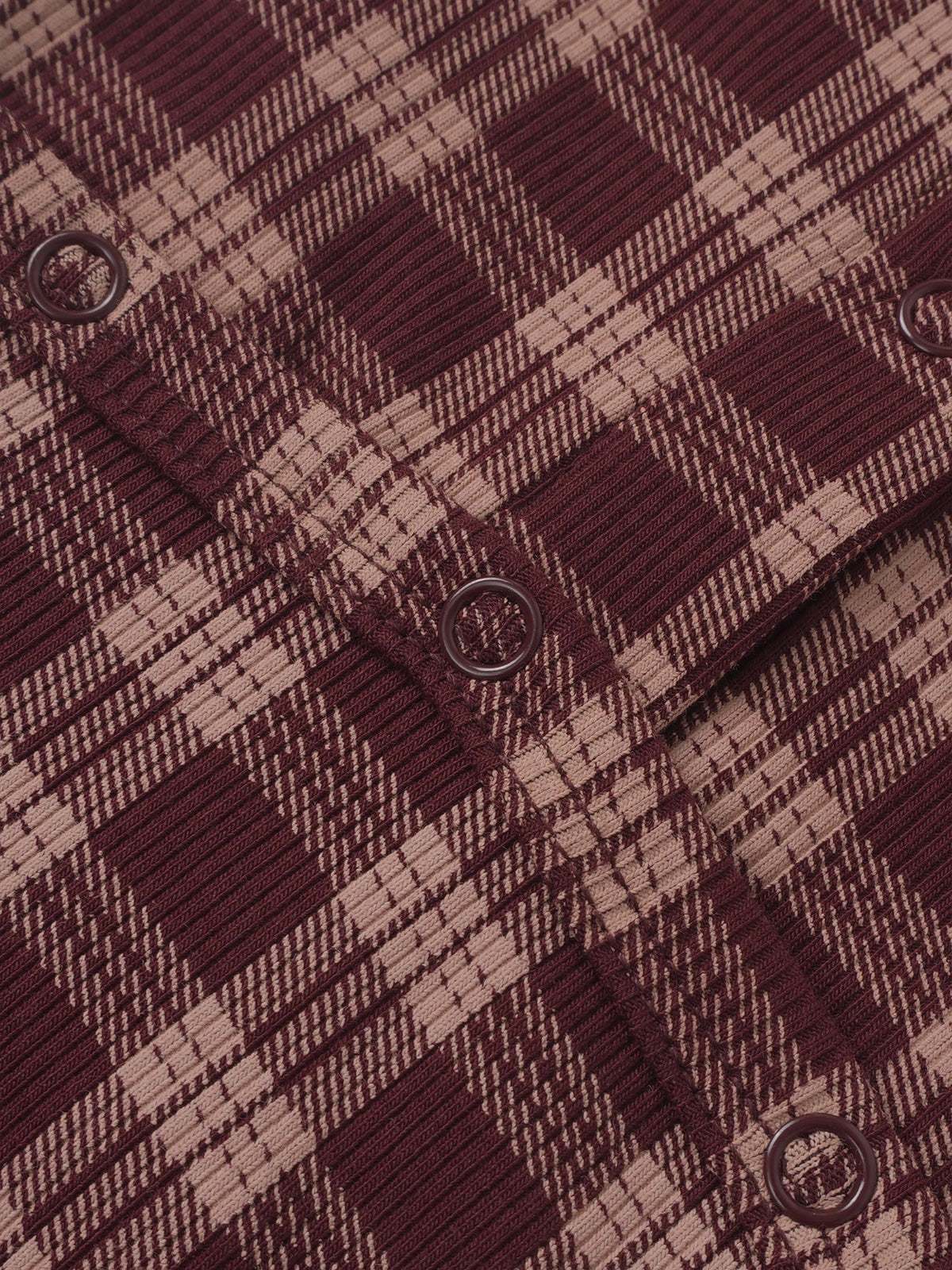 Girls Stretchies by Adee Burgundy Plaid fabric with maroon beige plaid pattern and metal eyelets.