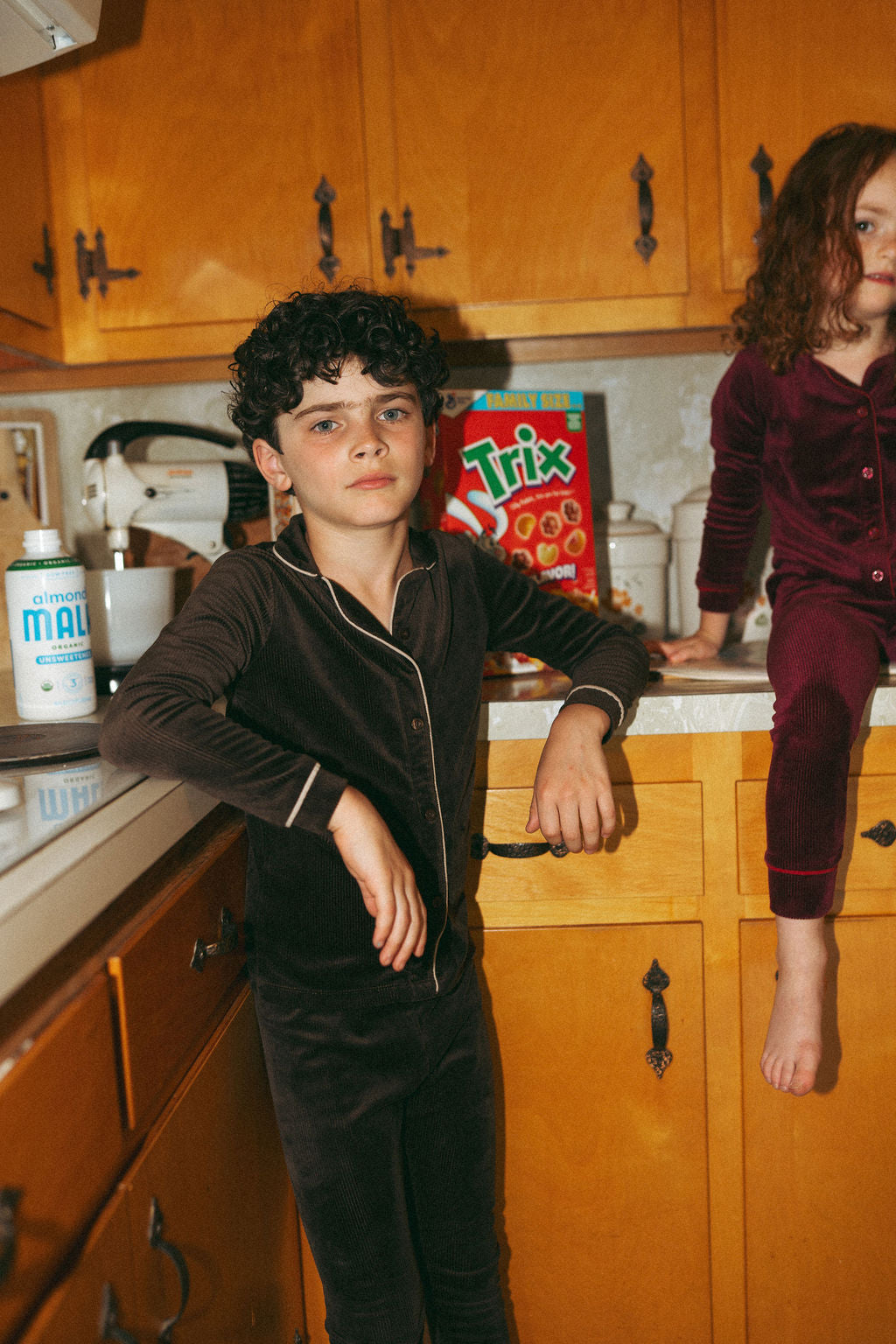 Ribbed velour boys pajamas set in brown, soft and cozy.