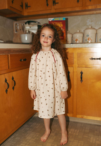 Adee Striped Bear Nightgown for girls, cream with small bears and red trim.