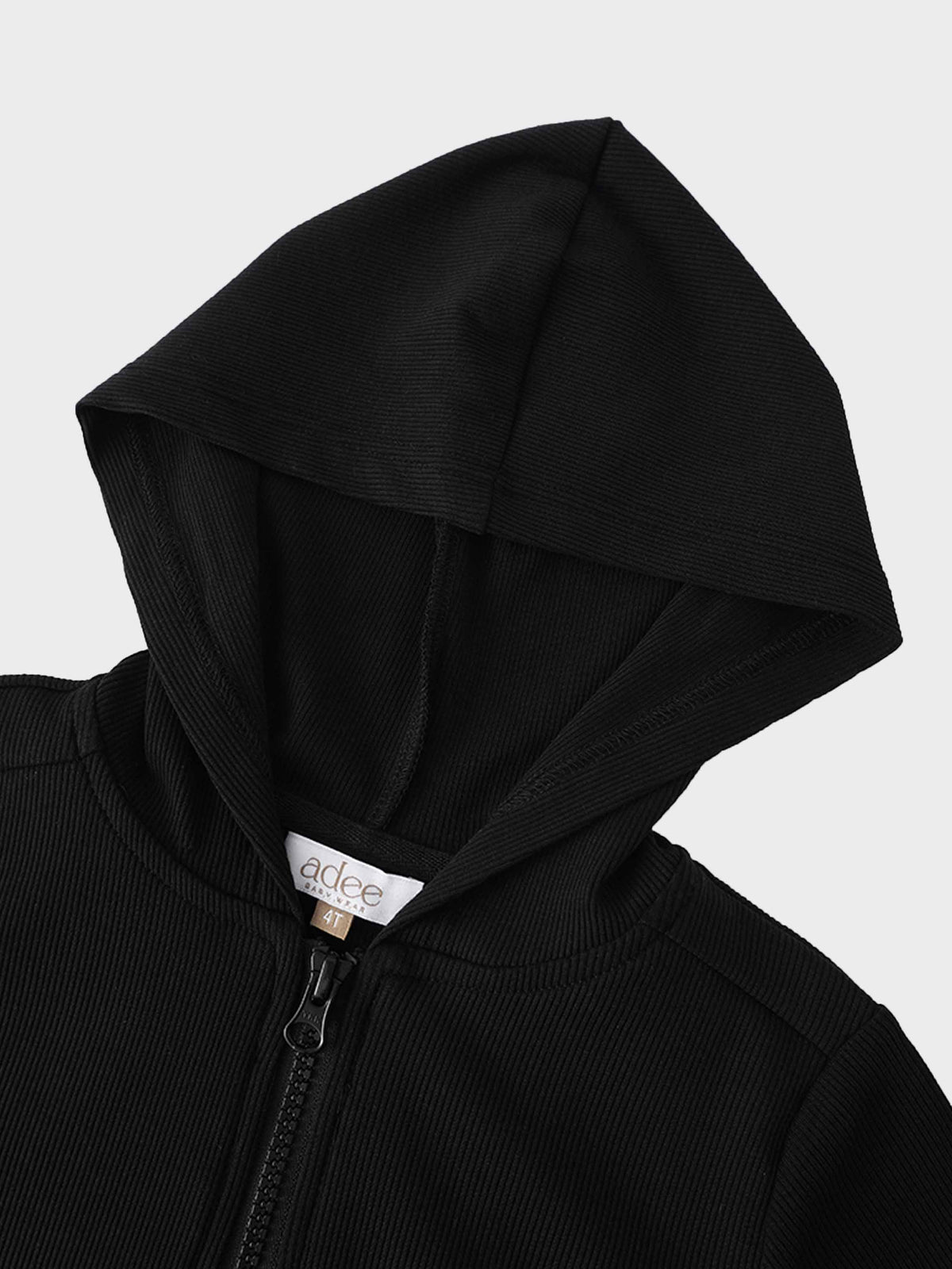 Black thin ribbed zip sweatshirt with hood and front zipper.