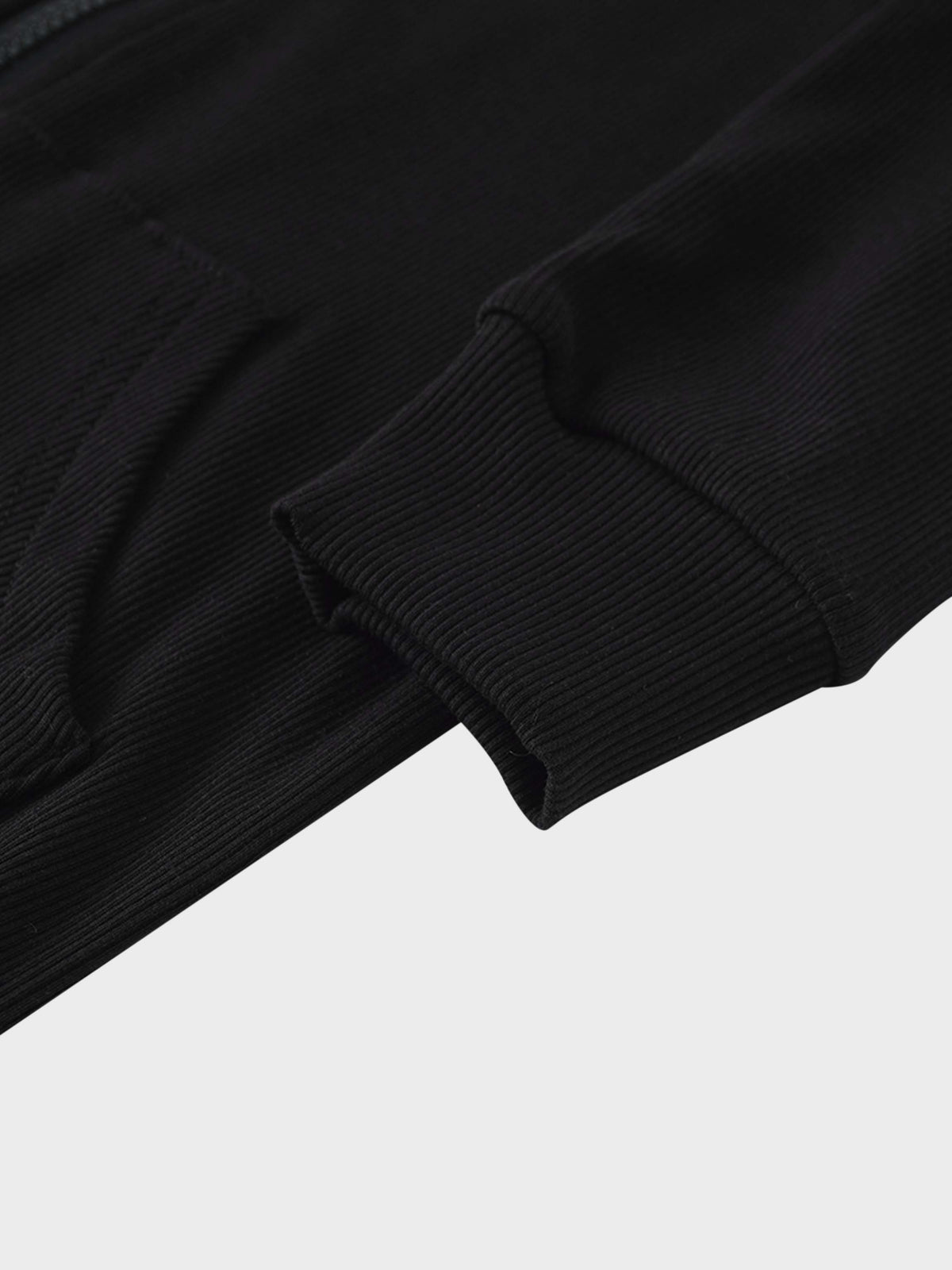 Black thin-ribbed zip-up hoodie with front kangaroo pockets and hood.