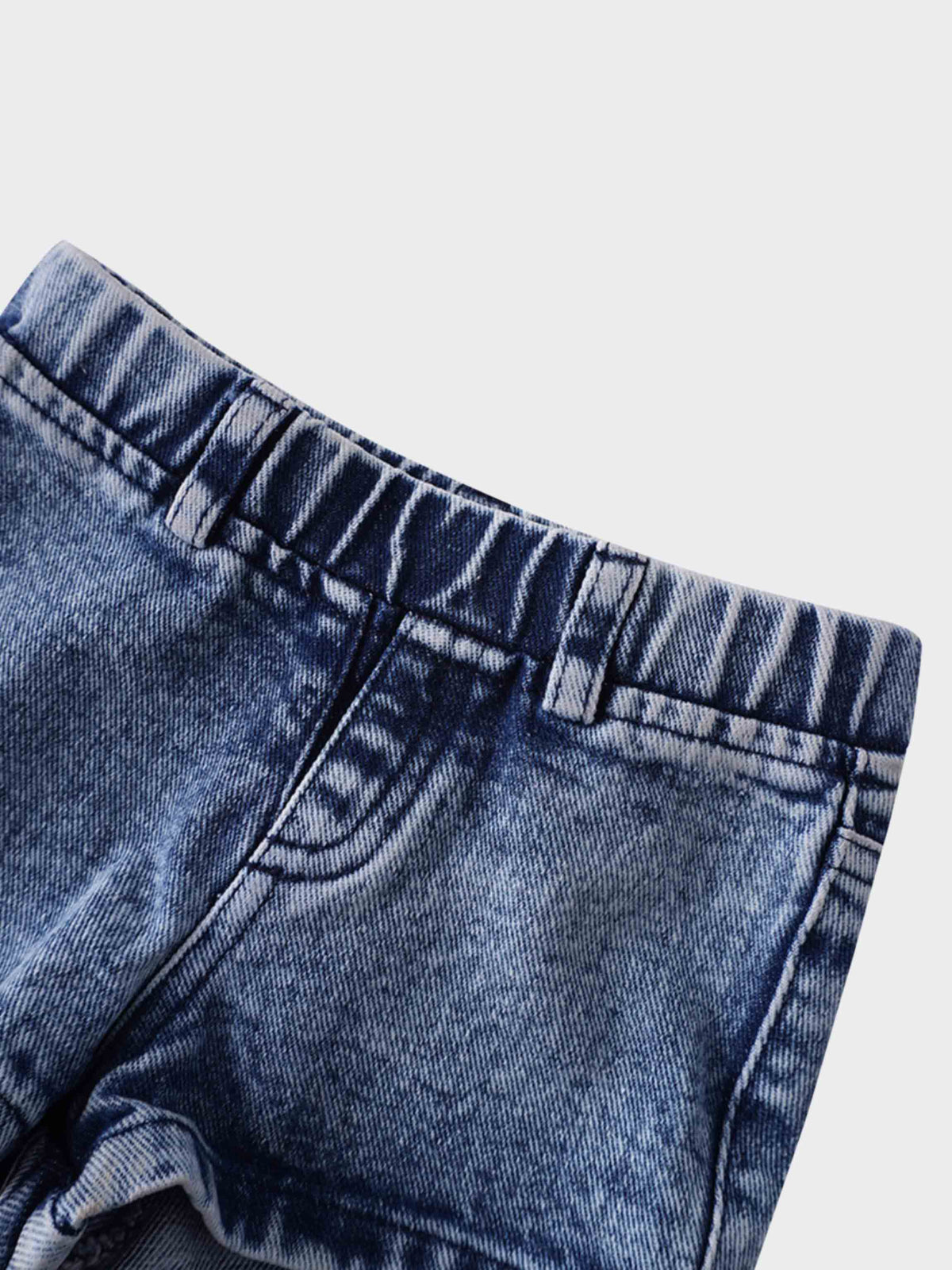 Denim Shorts - Light Denim, unisex shorts with elastic waistband and belt loops.