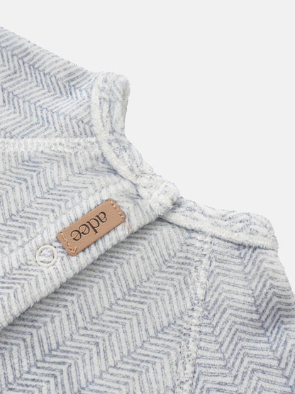 Heritage Herringbone Blue layette set by Adee; soft blue-and-white herringbone knit for baby boys.