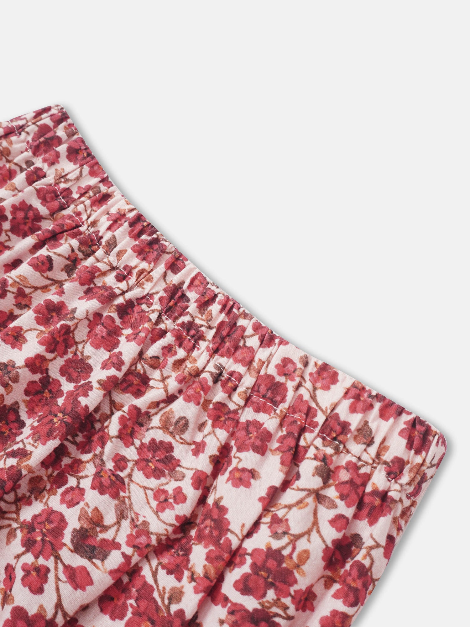 Red Flower Shirt &amp; Bloomers Set for little girls; pink floral fabric with dense red blossoms