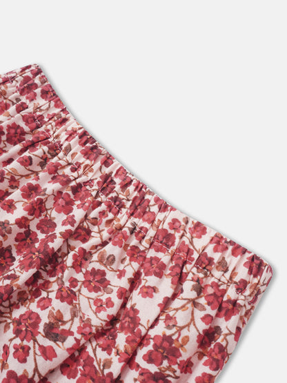 Red Flower Shirt &amp; Bloomers Set for little girls; pink floral fabric with dense red blossoms