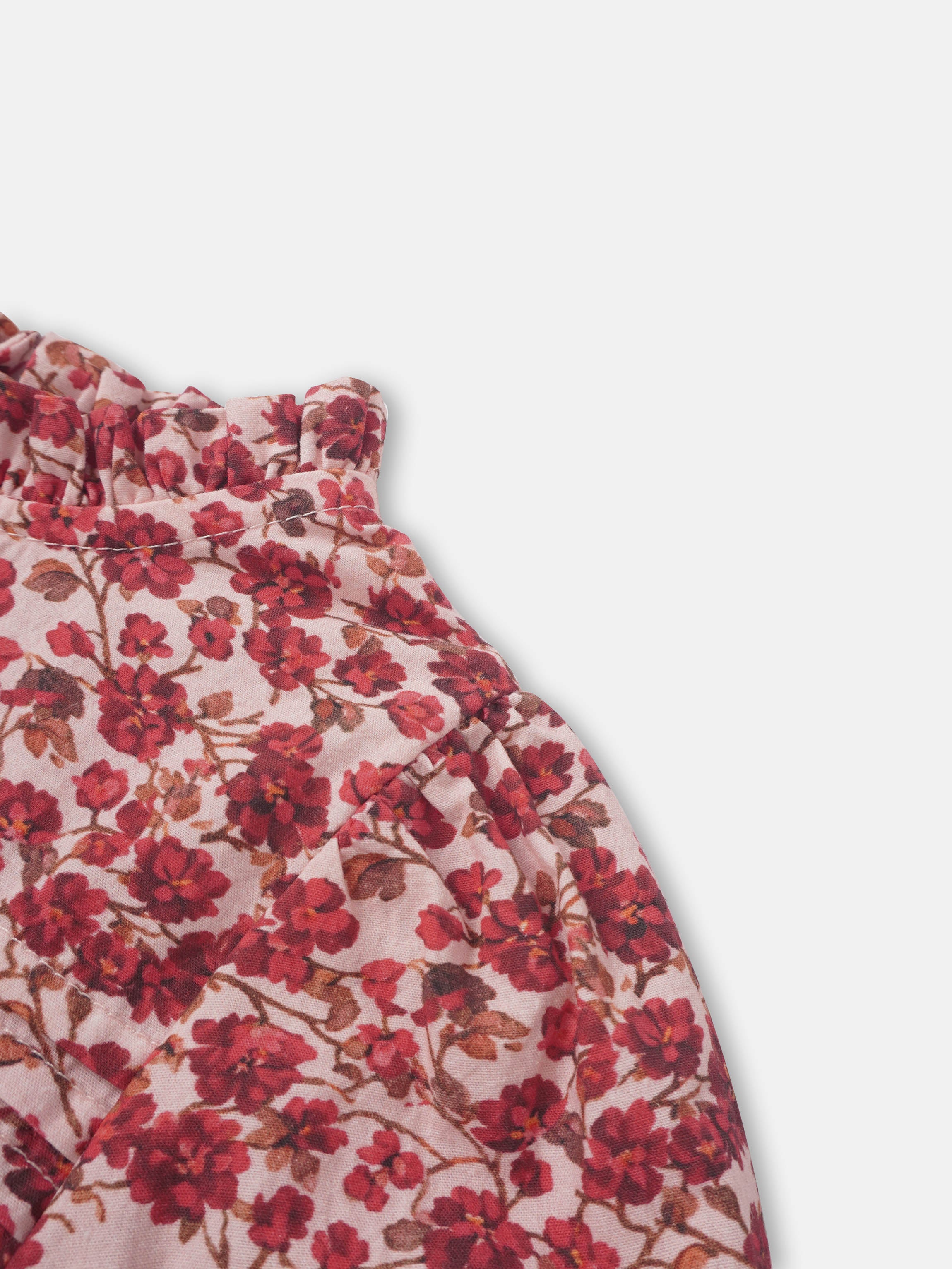 Red Flower Shirt &amp; Bloomers Set for little girls by Adee, pink floral print fabric.