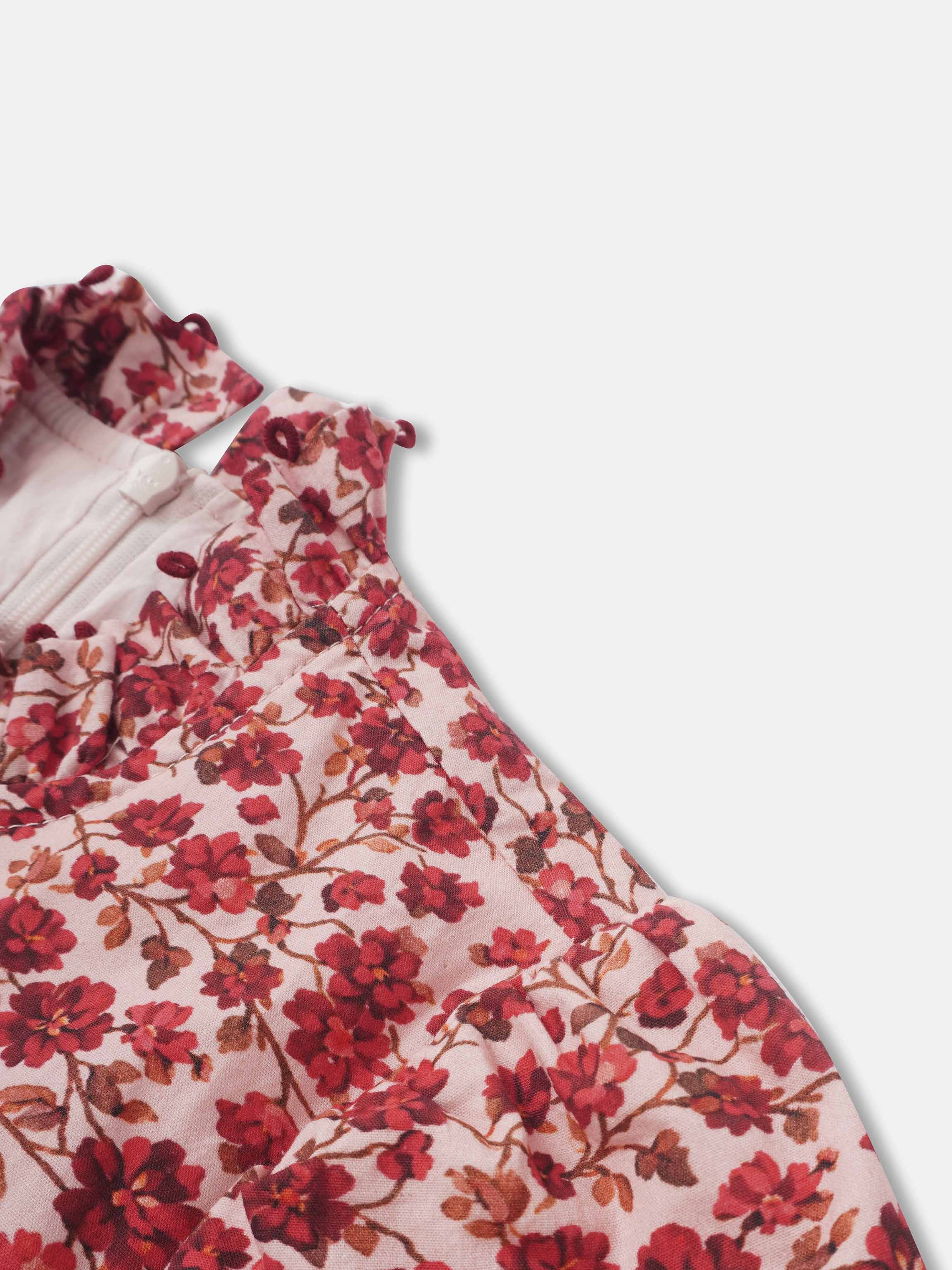 Red Flower Dress for girls, pink fabric with dense red floral print, dressy style