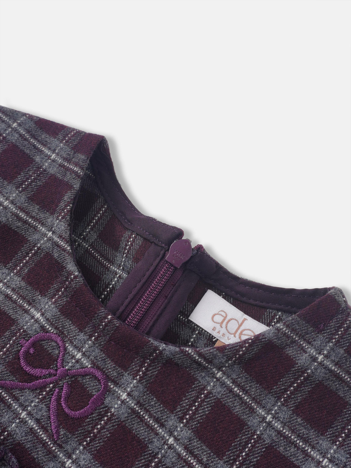 Plaid dress for girls in burgundy-gray plaid with purple trim and zipper detail, Adee.