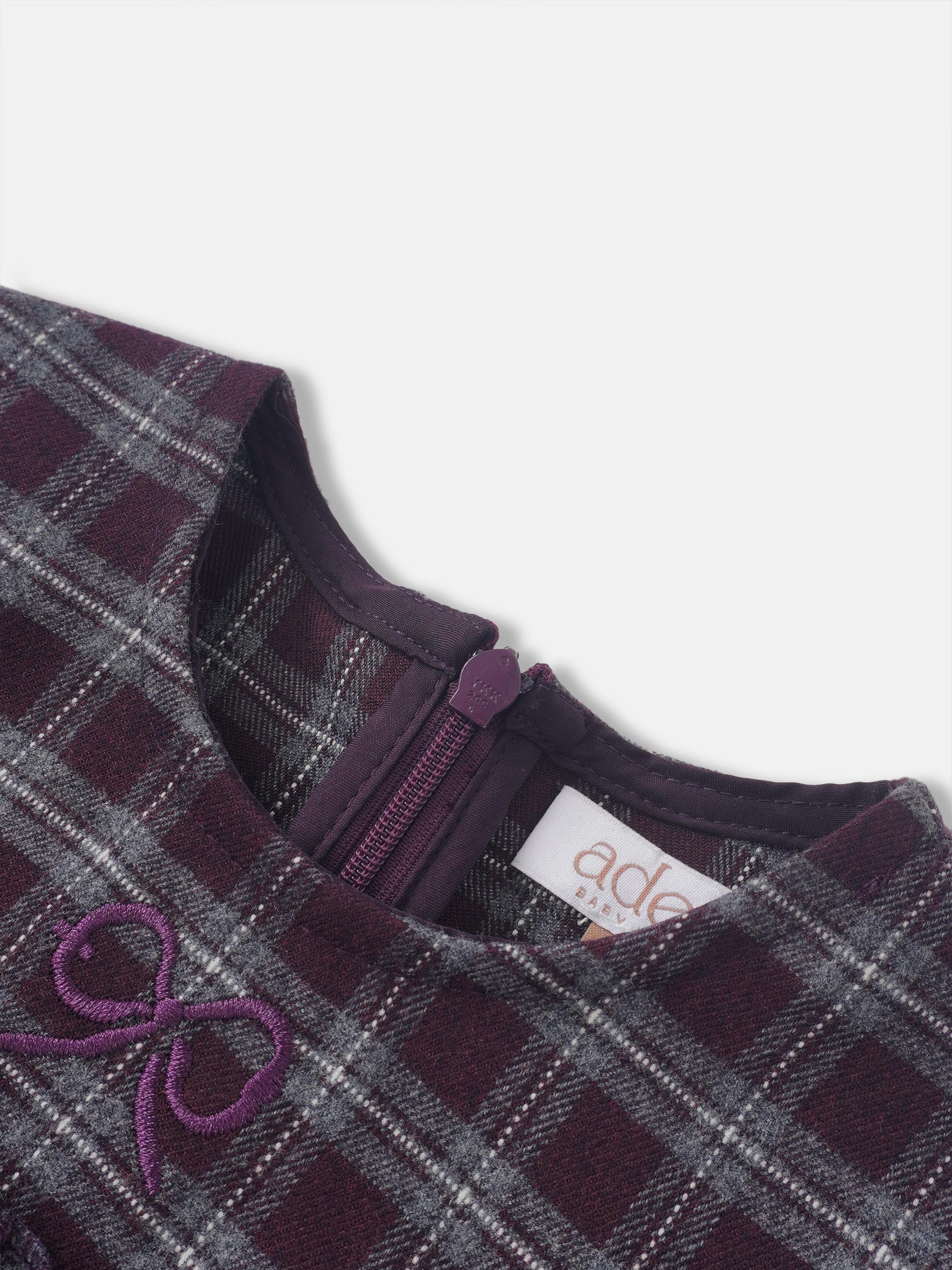 Plaid dress for girls in burgundy-gray plaid with purple trim and zipper detail, Adee.