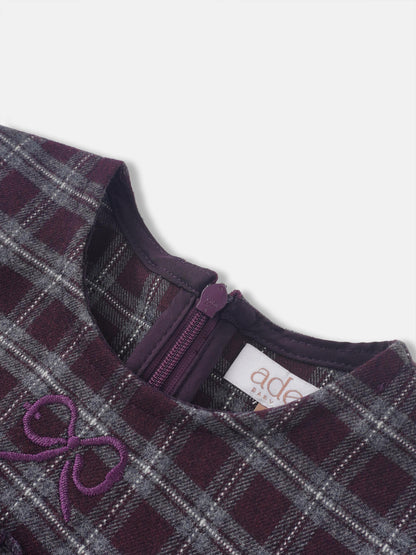 Plaid dress for girls in burgundy-gray plaid with purple trim and zipper detail, Adee.