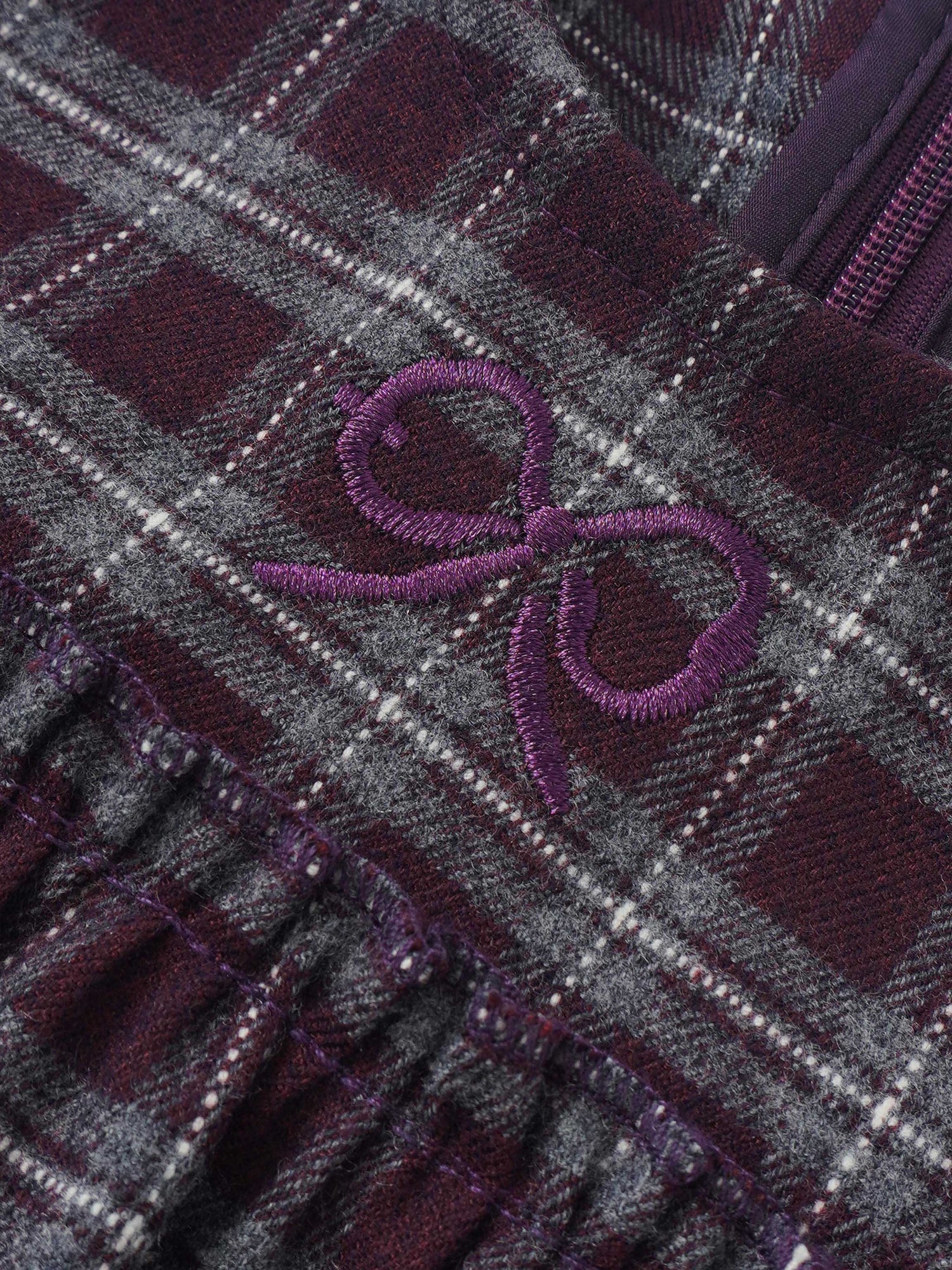 Plaid Dress for girls, dressy burgundy-gray with purple embroidery and zipper detail.