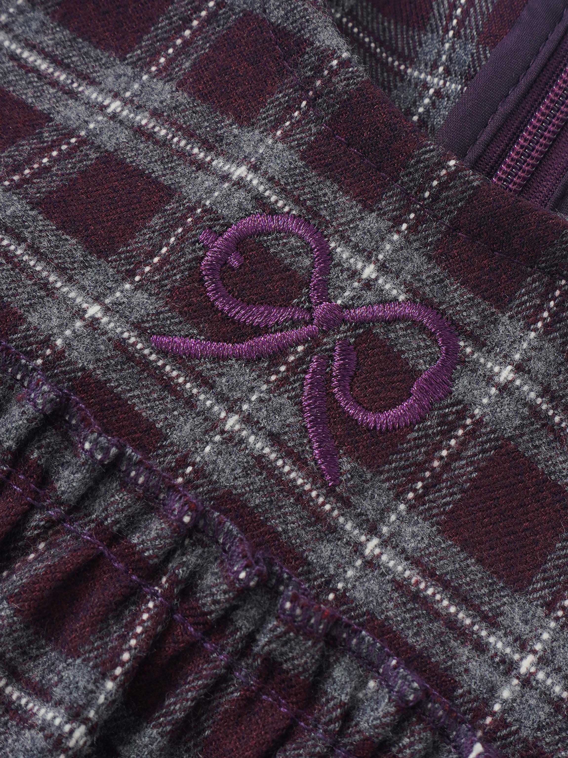 Plaid Dress for girls, dressy burgundy-gray with purple embroidery and zipper detail.