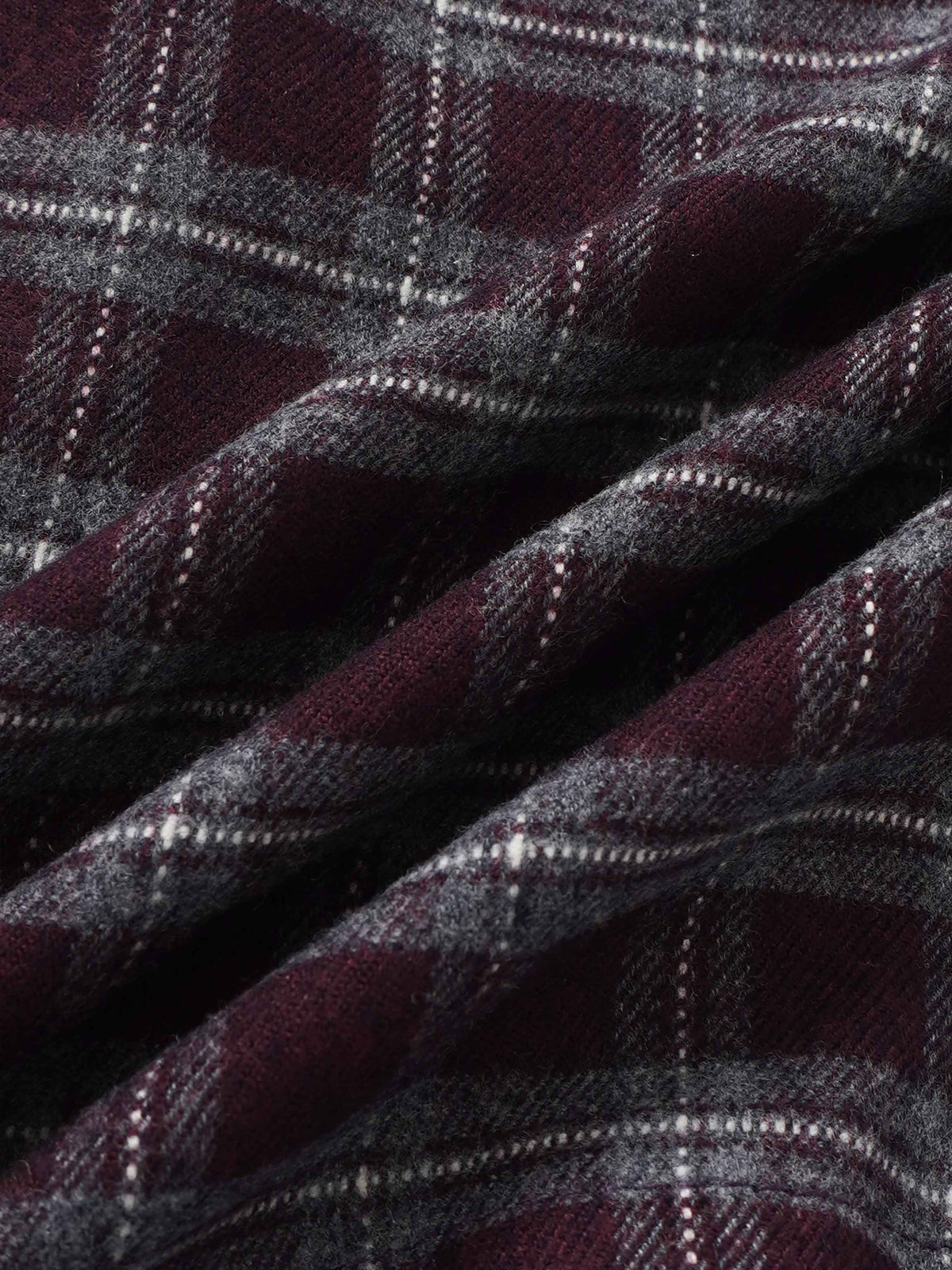 Plaid dress fabric in burgundy with grey and white checks