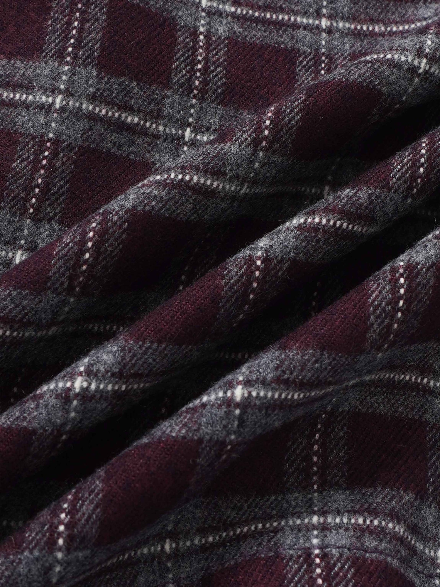 Plaid dress fabric in burgundy with grey and white checks
