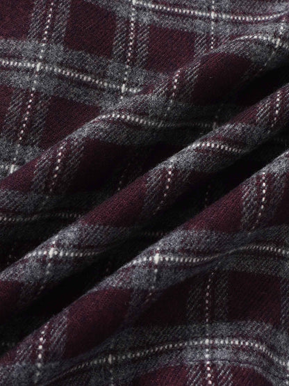 Plaid dress fabric in burgundy with grey and white checks