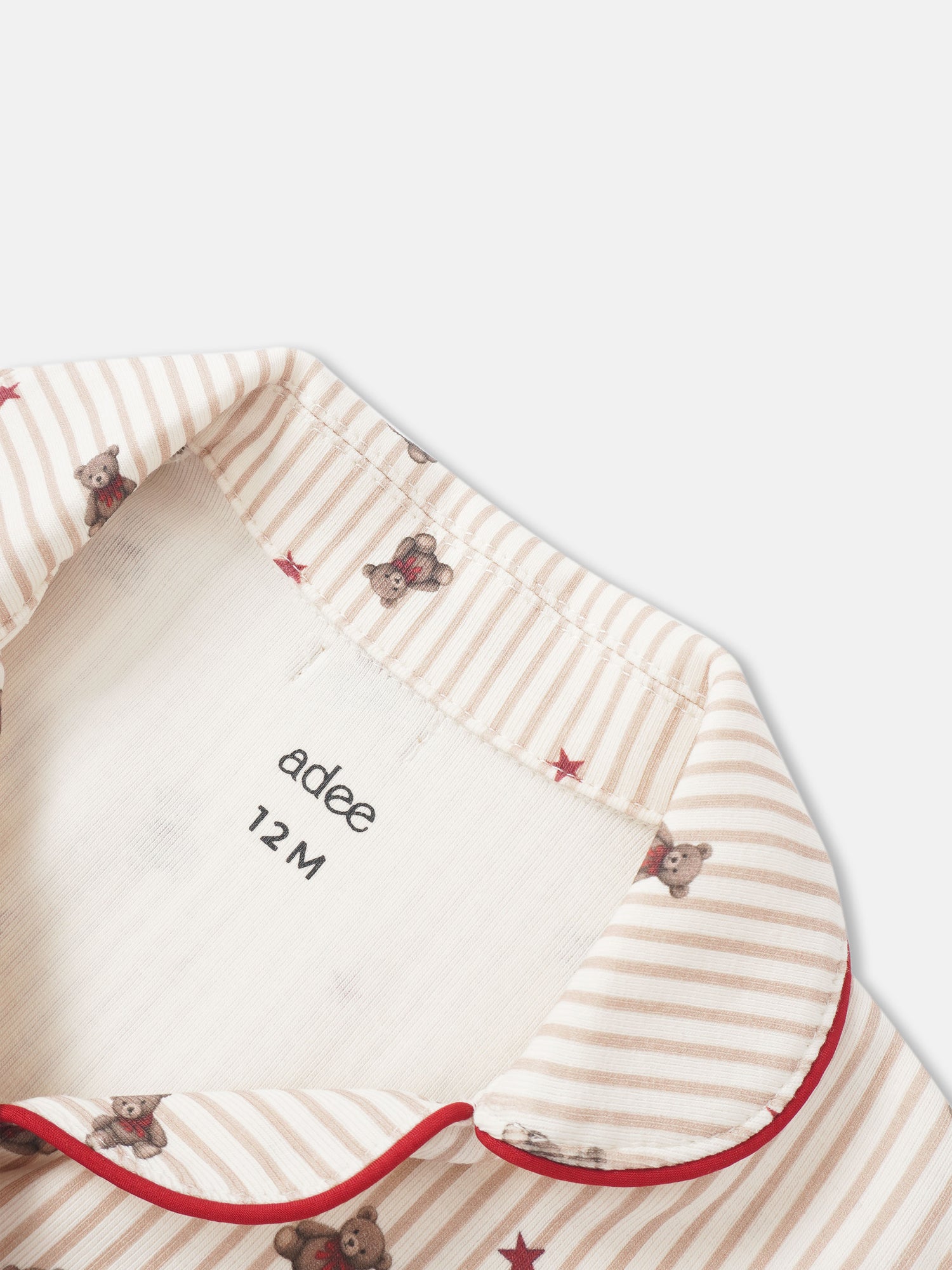 Striped Bear Pajamas for Girls by Adee, size 12M, beige stripes with teddy bear prints and red piping.