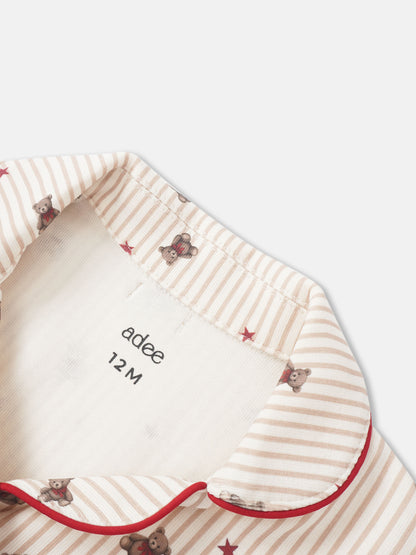Striped Bear Pajamas for Girls by Adee, size 12M, beige stripes with teddy bear prints and red piping.