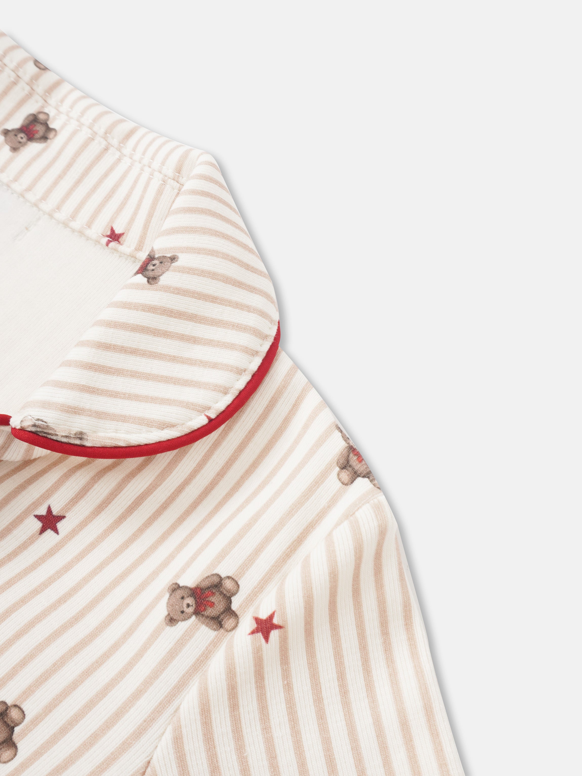 Striped bear pajamas top for girls by Adee, beige stripes with red trim and bear prints