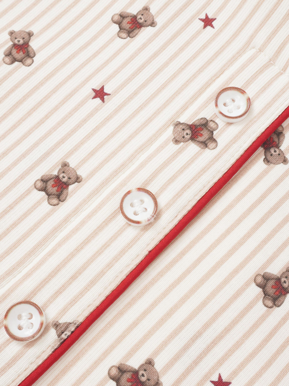 Girls striped bear pajamas with red piping, teddy bear prints and button placket