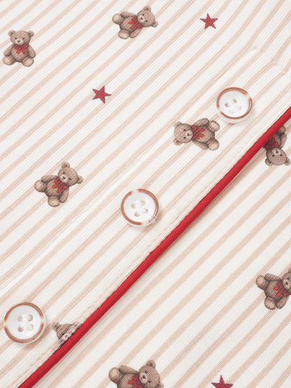 Girls striped bear pajamas with red piping, teddy bear prints and button placket