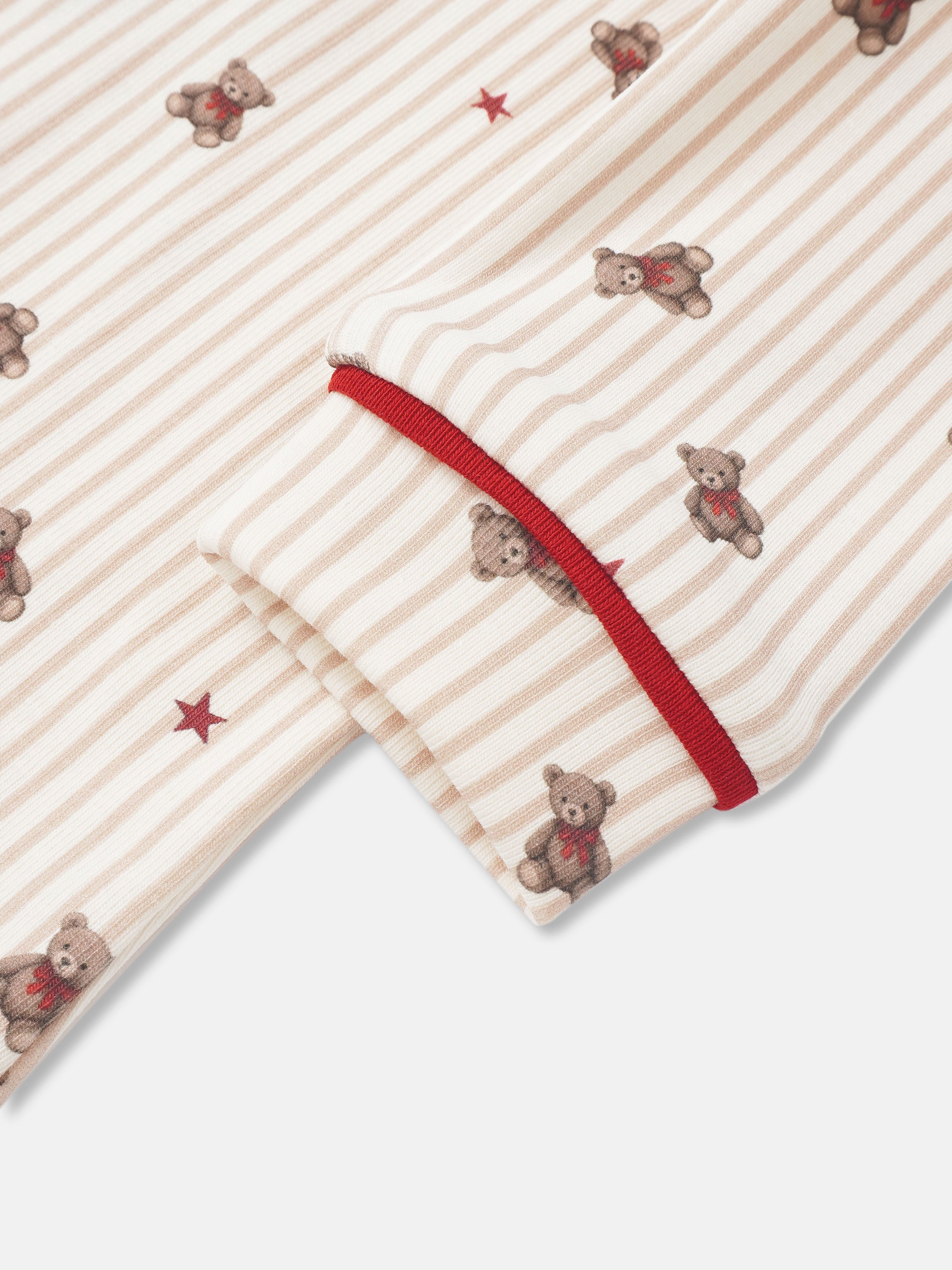 Girls striped bear pajamas by Adee; beige and white stripes with teddy bears and red trim