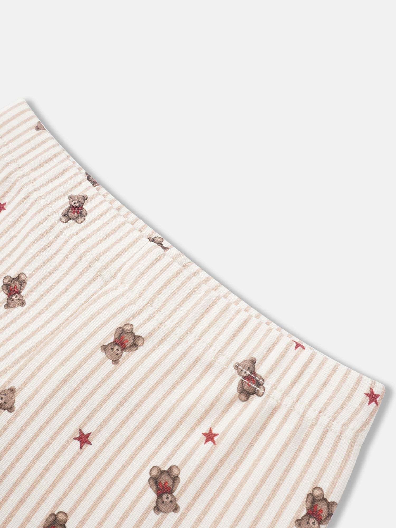 Striped bear pajamas for girls in beige with teddy prints and red accents