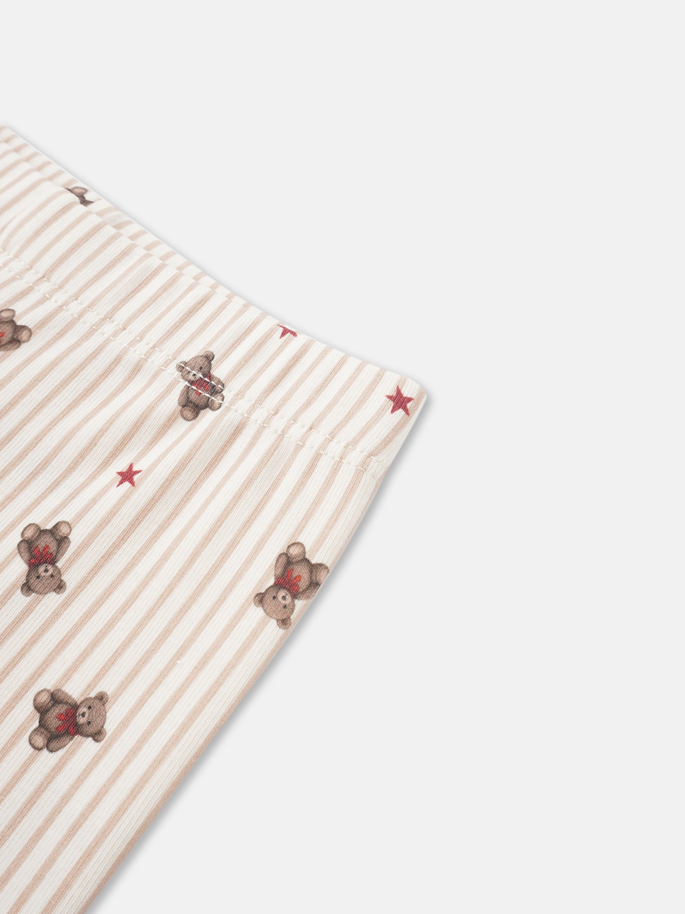 Striped Bear Pajamas for girls in beige-pink stripes with brown bears and red stars