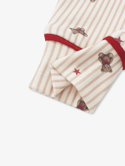 Striped Bear Pajamas for girls by Adee; beige and cream stripes with bear motifs and red cuffs