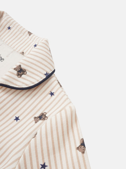 Adee Striped Bear Pajamas top for boys in beige-and-white stripes with blue stars and teddy bears, navy piping.