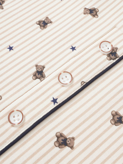 Striped Bear Pajamas - Blue, boys pajamas by Adee, beige stripes with teddy bears and blue stars, button-front