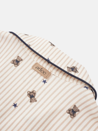 Striped bear pajamas for boys by Adee with beige stripes, teddy bear prints, and blue piping
