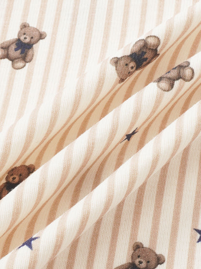 Striped bear pajamas for boys by Adee; beige striped fabric with brown teddy bears and blue accents