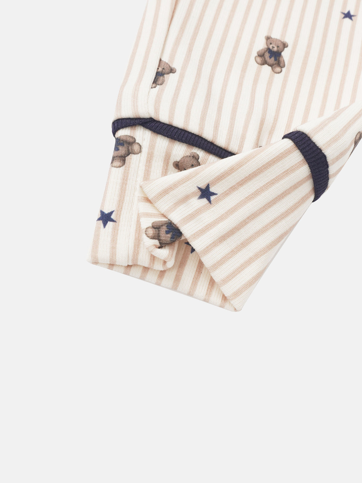 Striped bear pajamas for boys by Adee; cream-beige with bear prints and blue stars, navy cuffs.