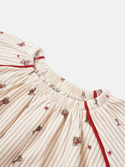 Striped Bear Nightgown for girls by Adee, cream color with red trim, teddy bear print on stripes